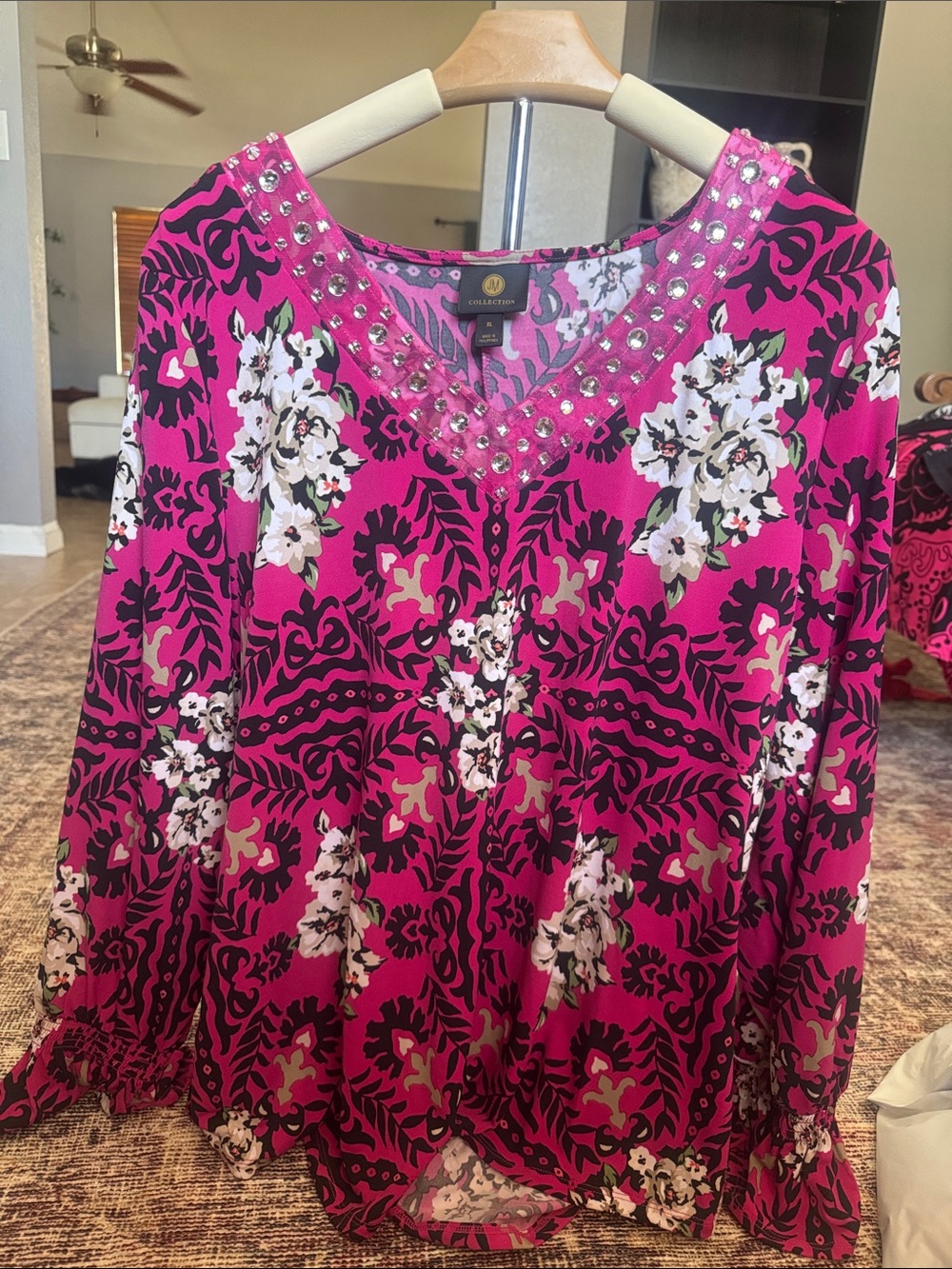 JM Collection Fuchsia Floral Jeweled V-Neck Tunic